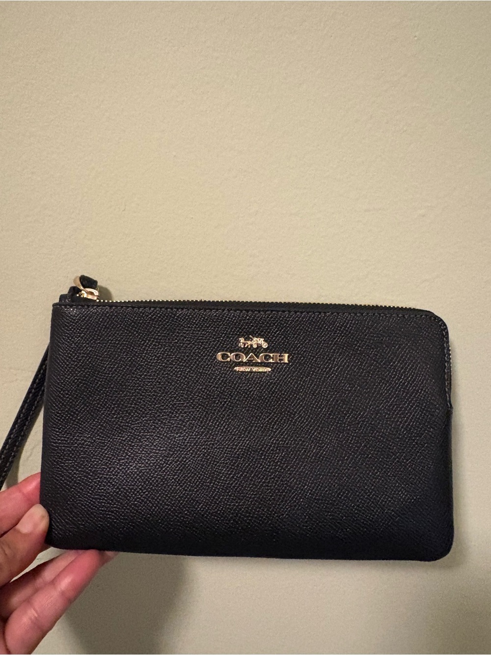 Coach Black Leather Zip Wristlet with Gold Logo